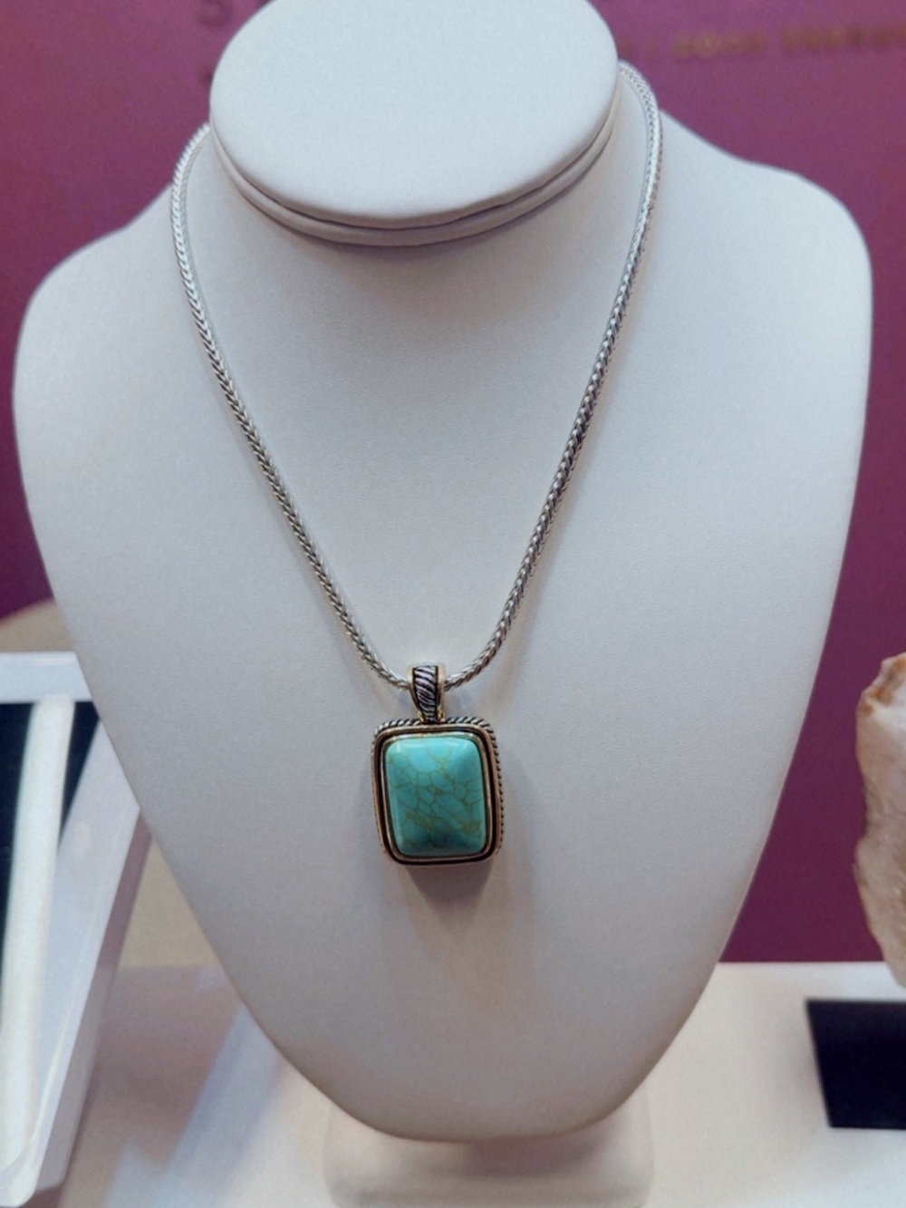 Turquoise Stone Pendant Necklace - Silver Tone